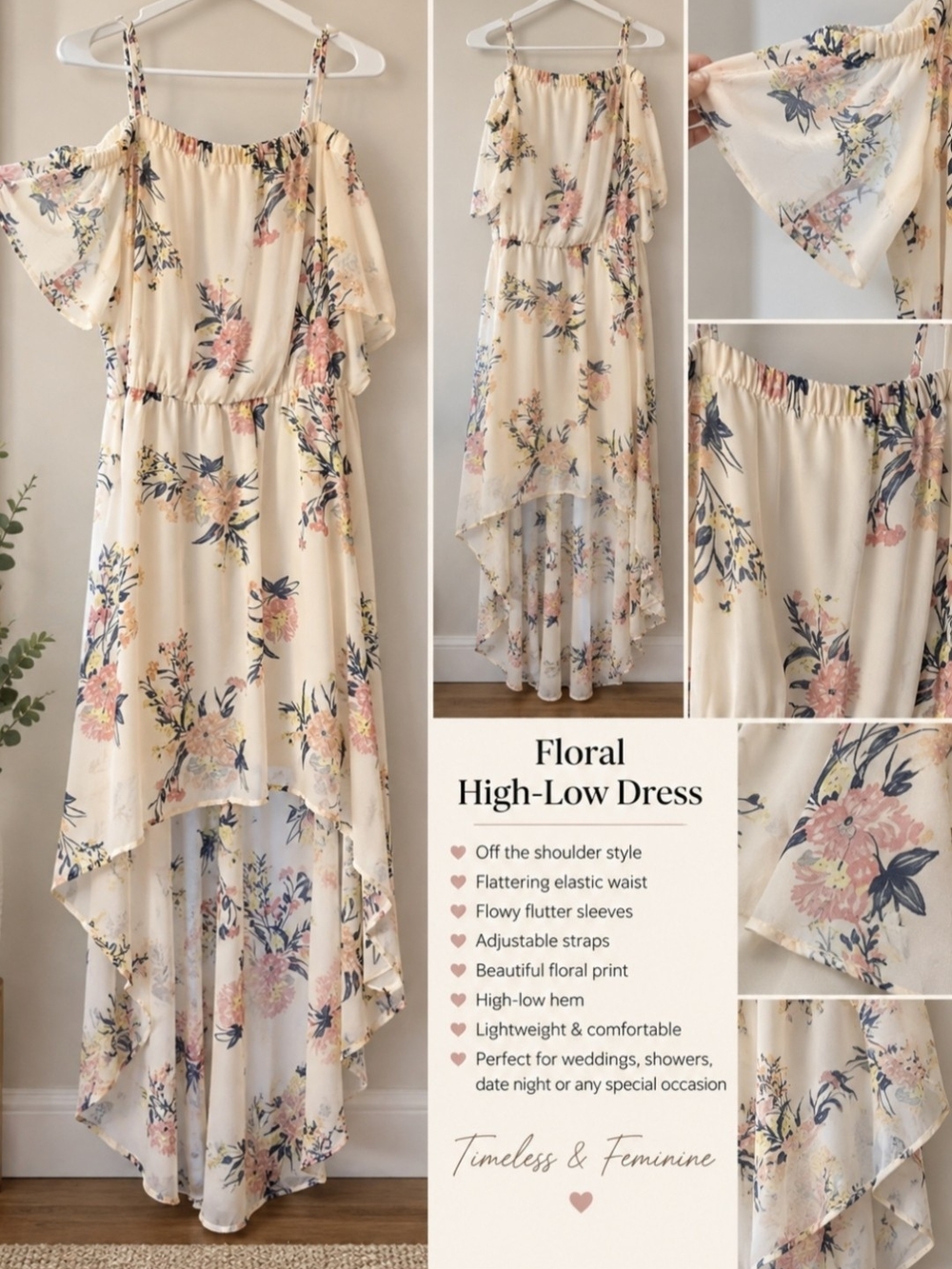 As U Wish Cream Floral High-Low Dress with Pink and Navy Details